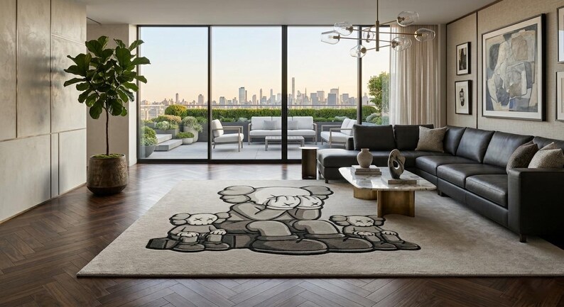K&ouml;nnte beinhalten: Modernes Wohnzimmer mit gro&szlig;em schwarzem Ledersofa, hellem Teppich mit Cartoon-Charakter-Design und Marmor-Couchtisch. Ein gro&szlig;es Fenster bietet einen Blick auf die Stadt.