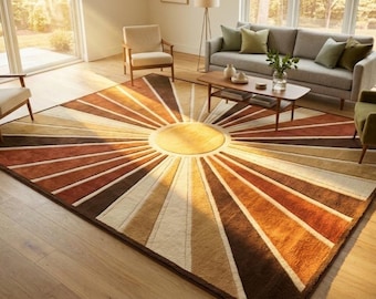 Sunburst Handgetufteter Wollteppich 8x10, Mid Century Modern Retro Geometrischer Wohnzimmer Teppich