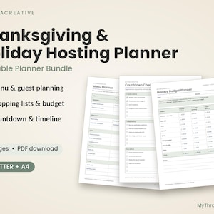 Può includere: Un set di pianificatori stampabili Thanksgiving & Holiday Hosting Planner da 16 pagine in formato PDF. Include un pianificatore di menu, una lista di controllo e un budget. Disponibile nei formati US Letter e A4.