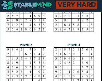 May include: A document containing four Sudoku grids labelled Puzzle 1, Puzzle 2, Puzzle 3, and Puzzle 4. Each grid is a nine-by-nine square with black lines and numerical digits. A dark banner across the top displays the text STABLEMIND DIGITAL VERY HARD.