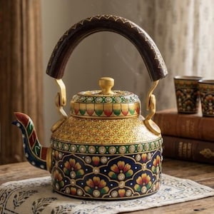 Puede incluir: Una tetera de metal decorativa con una base azul oscuro con patrones florales pintados a mano en rojo, amarillo y verde, acentuados con puntos blancos. La sección superior es amarilla con detalles dorados, un pomo de tapa dorado y un asa marrón oscuro.