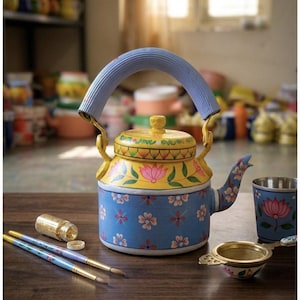 May include: A hand-painted metal tea kettle featuring a light blue base with white floral patterns, a yellow upper section with pink lotus motifs, and a light blue handle. Beside it are two paintbrushes, a small jar of gold glitter, and a tea strainer.