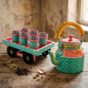 Puede incluir: Un juego de té de metal pintado a mano que incluye una tetera turquesa y rosa con asa amarilla, cinco vasos pequeños a juego y un carrito turquesa con ruedas negras. Una cuchara de color cobre y té suelto se encuentran en la superficie.