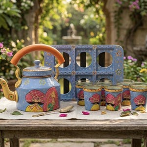 Op de afbeelding: Een lichtblauwe theeset van metaal met een waterkoker met oranje handvat en een bijpassend dienblad met zes glazen. Elk item is met de hand beschilderd met kleurrijke illustraties van figuren die traditionele tulbanden en sluiers dragen.