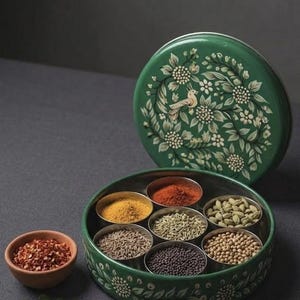 Hand-Painted Steel Masala Dabba – Traditional Indian Spice Box, Ethnic Kitchen Decor