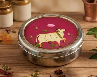 Masala Dabba de acero pintado a mano: caja de especias tradicional india, decoración étnica para la cocina
