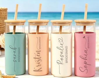 Copo térmico de vidro personalizado com capa de silicone, garrafa de vidro personalizada para madrinha, copo térmico para café gelado de 500ml, presente para dama de honra, presente de casamento.