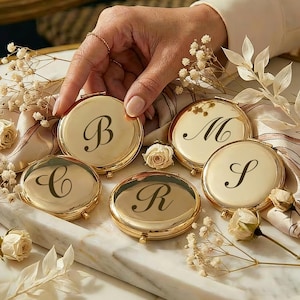 Personalized Gold Compact Mirror, Engraved Monogram Pocket Makeup Mirror, Wedding Party Favor