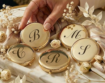 Personalized Gold Compact Mirror, Engraved Monogram Pocket Makeup Mirror, Wedding Party Favor