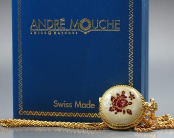 Vintage [Near Mint] Andre Mouche Gold Tone Floral Pendant Necklace Quartz Watch Swiss Made From JAPAN W2150