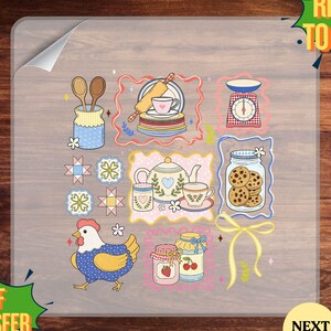 May include: A DTF transfer sheet featuring a collection of kitchen-themed illustrations. The design includes a jar with wooden spoons, a rolling pin, a tea set, a scale, a jar of cookies, a chicken, and jars of jam. The words "READY TO PRESS" and "DTF TRANSFER" are also visible.