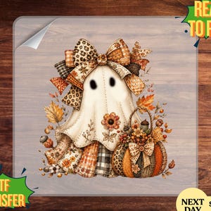 Faux Patchwork Floral Ghost DTF Transfer, Coquette Bow Ghost Pumpkin Ready to Press Design