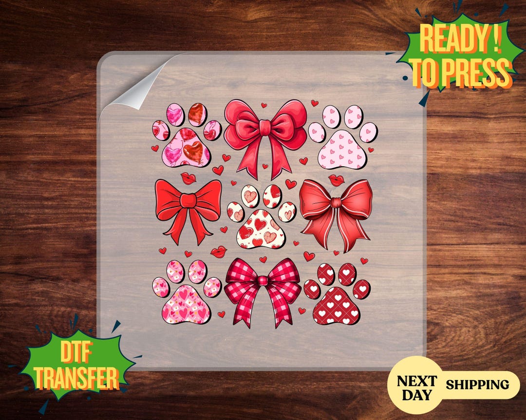 Valentine Dog Paw Prints DTF Transfer, Red Bow & Heart Paw Ready to ...