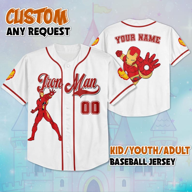 May include: White baseball jersey with red trim, featuring an Iron Man graphic on the front and back. The front displays "Iron Man" and the number "00". The back has space for a name. The jersey is available in kid, youth, and adult sizes.