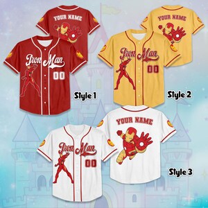 May include: Baseball jerseys in red, yellow, and white, each featuring Iron Man graphics. The jerseys display "Iron Man" and the number "00", with options for personalized names on the back. The design includes a cartoon Iron Man figure.