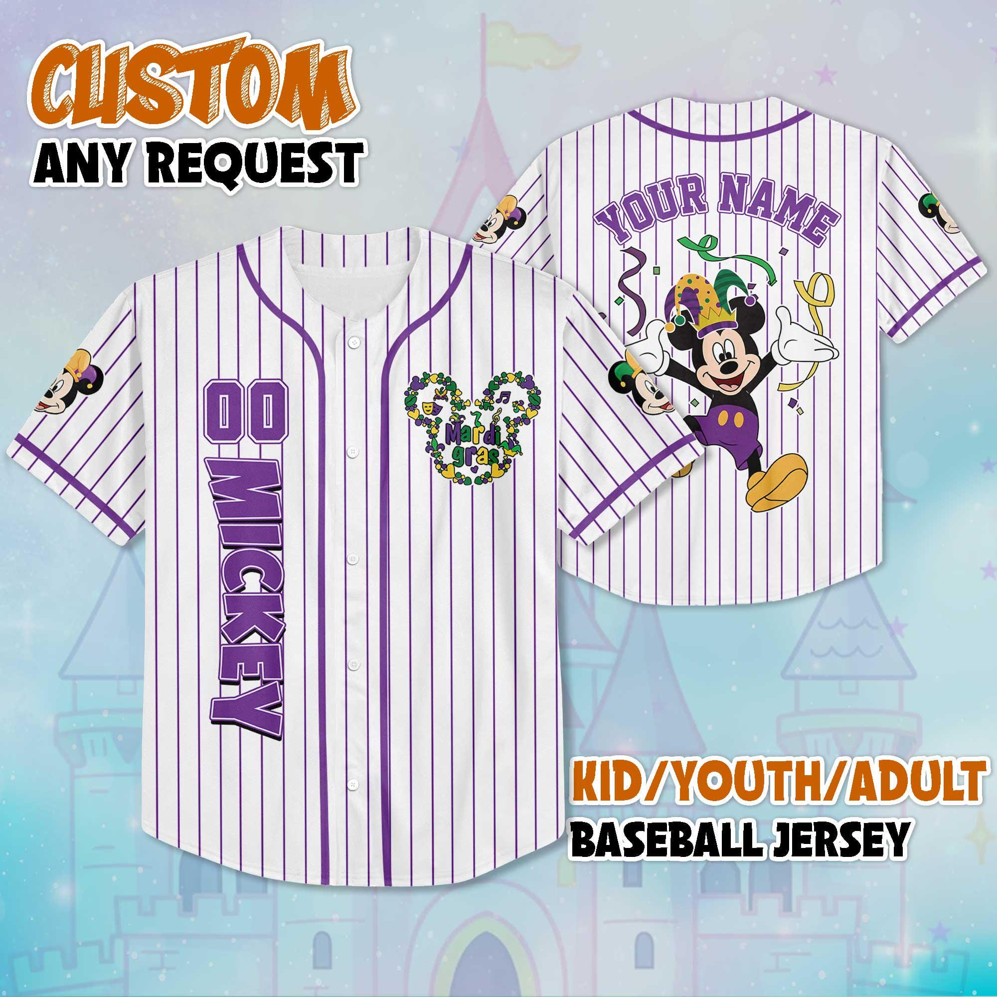 Discover Custom Mickey Mardi Gras Baseball Jersey, Personalize Disney Mickey and Friends Shirt, Baseball Team Outfit