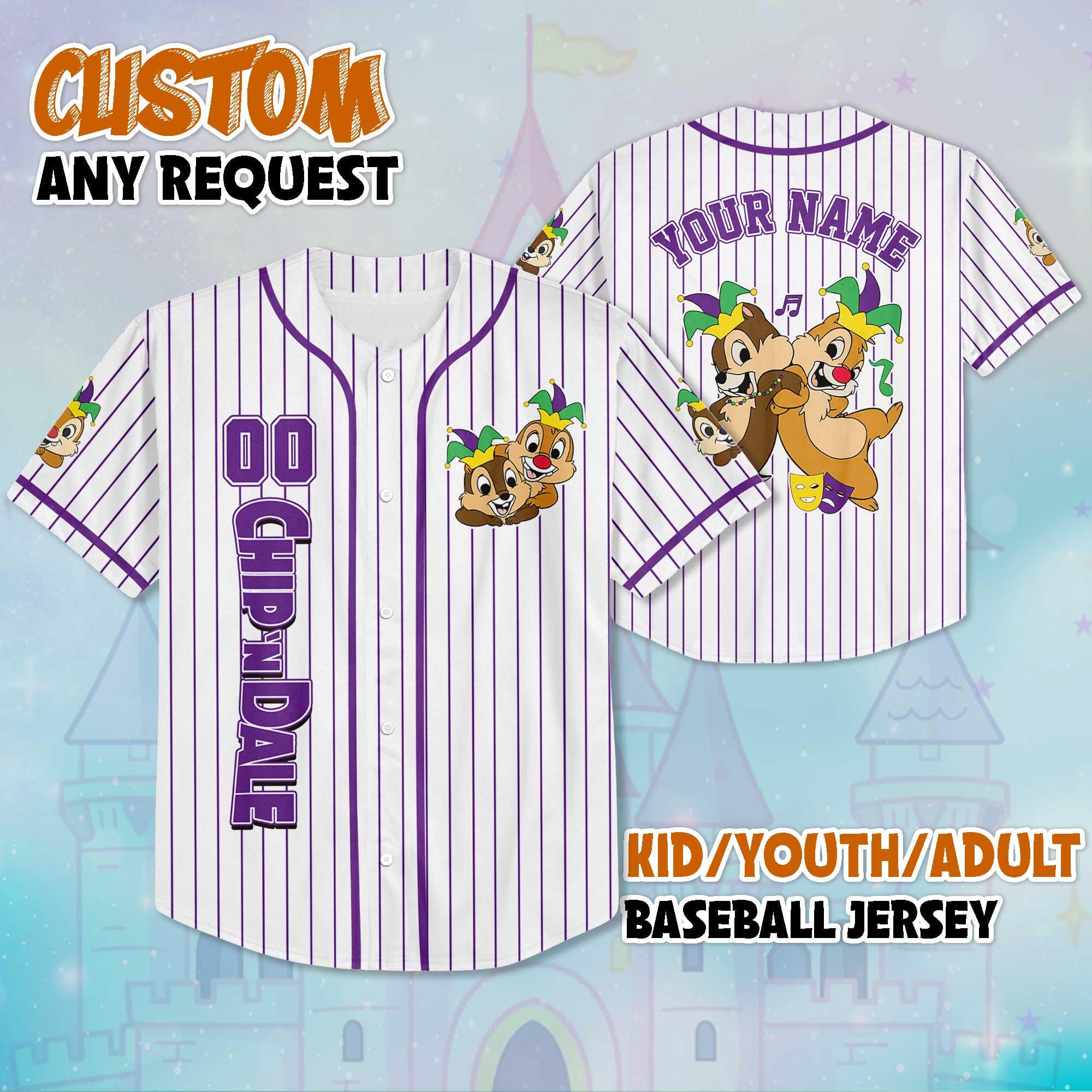 Discover Custom Chip and Dale Mardi Gras Baseball Jersey, Personalize Disney Mardi Gras Shirt, Baseball Team Outfit