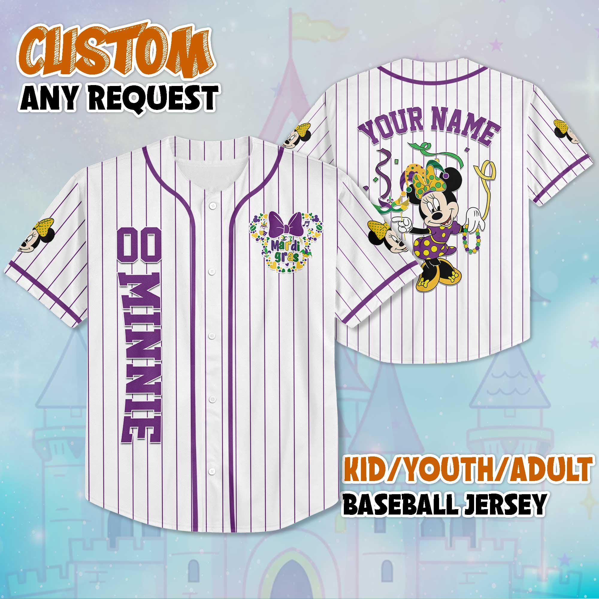 Discover Custom Minnie Mardi Gras Baseball Jersey, Personalize Disney Mickey and Friends Shirt, Baseball Team Outfit