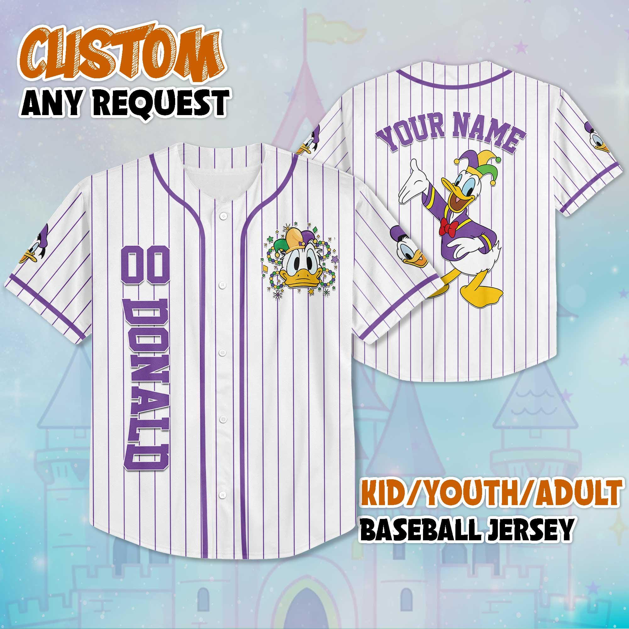 Discover Custom Donald Duck Mardi Gras Baseball Jersey, Personalize Disney Mickey and Friends Shirt, Baseball Team Outfit
