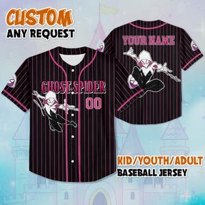 May include: Black baseball jersey with pink pinstripes, featuring a Ghost-Spider graphic and the text "GHOST-SPIDER 00." The jersey includes the text "CUSTOM ANY REQUEST" and "KID/YOUTH/ADULT BASEBALL JERSEY."