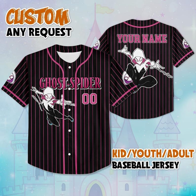 May include: Black baseball jersey with pink pinstripes, featuring a Ghost-Spider graphic and the text "GHOST-SPIDER 00." The jersey includes the text "CUSTOM ANY REQUEST" and "KID/YOUTH/ADULT BASEBALL JERSEY."