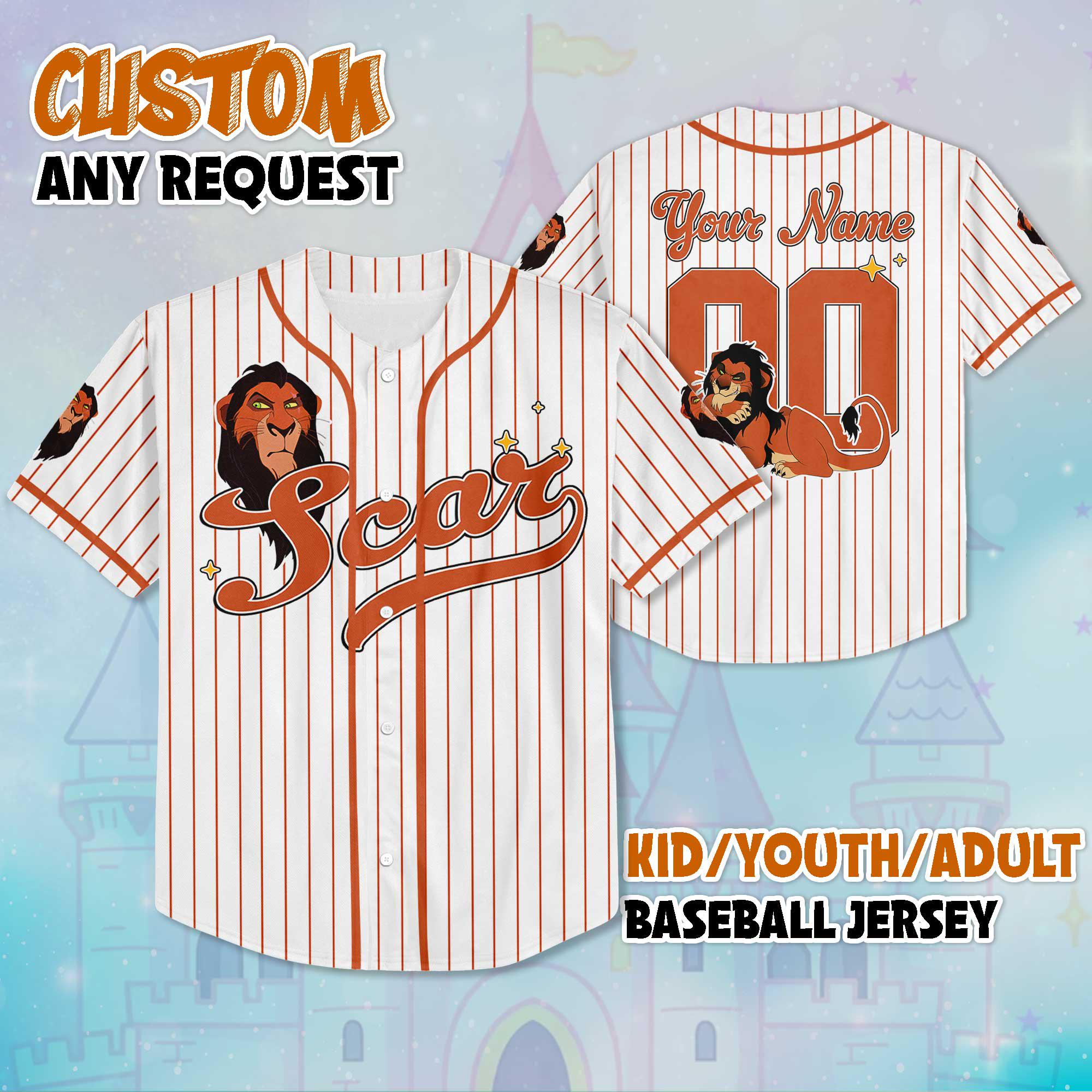 Discover Custom Scar Baseball Jersey, Personalize Disney The Lion King Shirt, Baseball Team Outfit