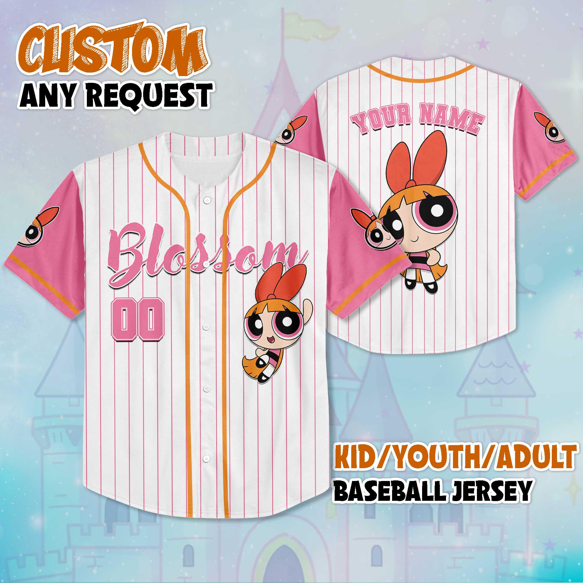 Discover Custom Blossom Baseball Jersey, Personalize The Powerpuff Girls Jersey Shirt, Baseball Team Outfit