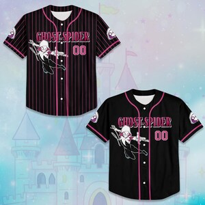 May include: Two baseball jerseys, one striped and one solid black, featuring the Ghost-Spider character. Both jerseys have pink accents, the number "00", and the Ghost-Spider logo on the sleeves.