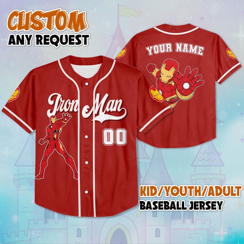May include: Red baseball jersey with white trim, featuring "Iron Man" text and a graphic of the character. The jersey includes the number "00" and the text "YOUR NAME" on the back. The text "CUSTOM ANY REQUEST" is also visible.
