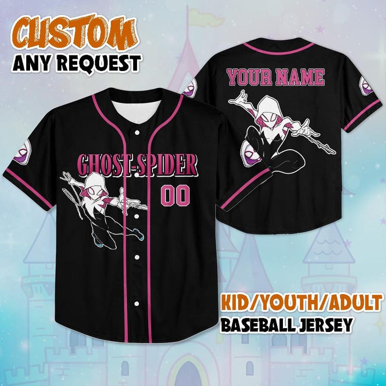 May include: Black baseball jersey with pink accents and a Ghost-Spider graphic. The front features "GHOST-SPIDER" and "00", while the back displays "YOUR NAME". The jersey is available in kid, youth, and adult sizes. The text "CUSTOM ANY REQUEST" is also visible.