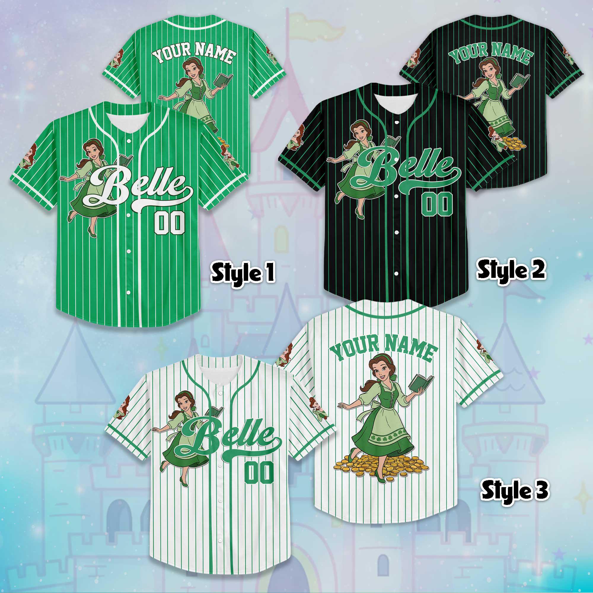 Discover Custom Belle Princess St Patrick Day Baseball Jersey, Disney Princess Belle Beauty and the Beast Jersey, Gifts For Fans