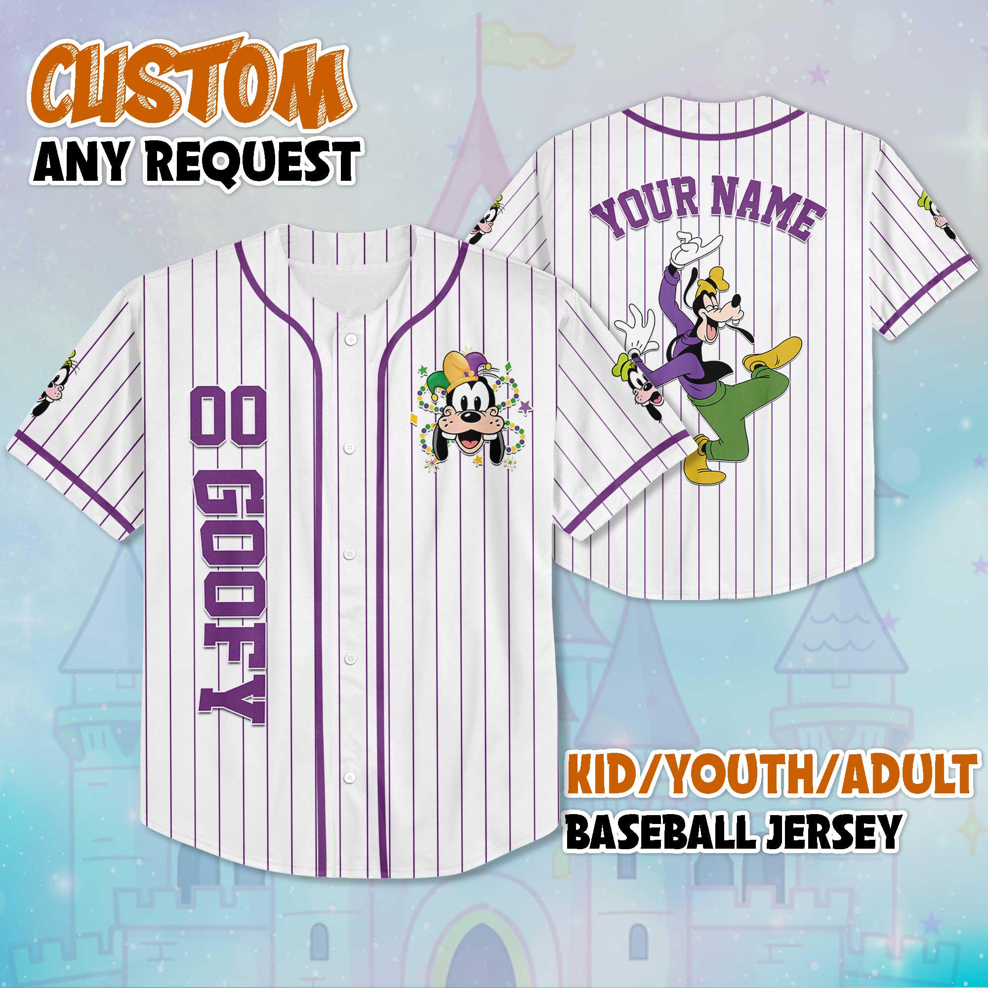 Discover Custom Goofy Mardi Gras Baseball Jersey, Personalize Disney Mickey and Friends Shirt, Baseball Team Outfit