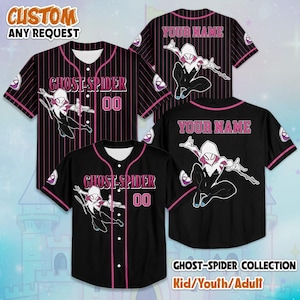 May include: Black and pink Ghost-Spider baseball jerseys. The jerseys feature the Ghost-Spider character, the text "GHOST-SPIDER 00", and the option to add "YOUR NAME". The collection includes sizes for kids, youth, and adults.