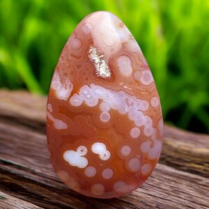 May include: A teardrop-shaped polished gemstone featuring a warm terracotta orange base color with intricate white and pale pink circular orb patterns throughout the surface and a small crystalline inclusion near the top center.