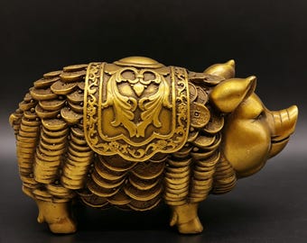 Vintage Brass Carved Fortune Pig statue