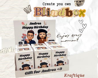 Plantilla de caja ciega DIY para cumpleaños, día de San Valentín, regalo sorpresa misterioso personalizado para él o ella, caja imprimible editable en Canva, soporte de exhibición