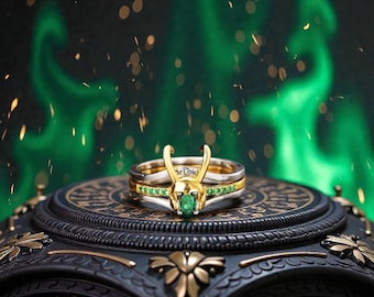 Conjunto de anillos Loki con gema verde y corona