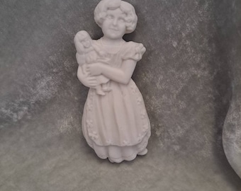 READY to PAINT porcelain Girl with her dolly Ornament