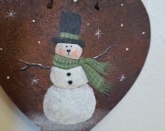 Rustic Hanging Ornament Snowman in a Heart. Metal and Wire. Primitive