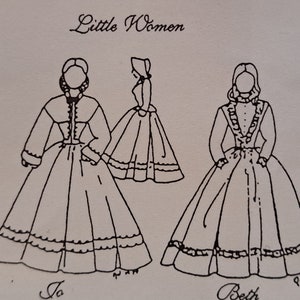May include: Line drawing illustration of four girls from the book Little Women. Each girl is wearing a different style dress. The girls are named Meg, Jo, Beth, and Amy.