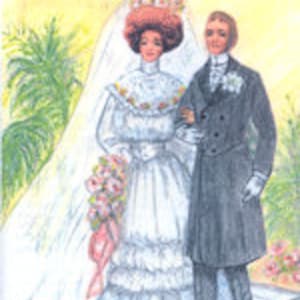 May include: A wedding illustration featuring a couple in traditional attire. The bride is wearing a white gown with a long veil and a floral headpiece. The groom is wearing a black suit with a white shirt and a bow tie. The couple is standing in front of a tropical background with palm trees.