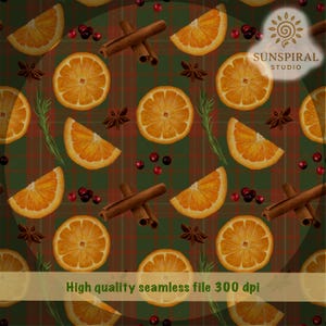 Puede incluir: Patrón sin costuras con rodajas de naranja, palitos de canela, anís estrellado y arándanos sobre un fondo a cuadros. El texto "High quality seamless file 300 dpi" está en la parte inferior. El logotipo de Sunspiral Studio está en la esquina superior derecha.