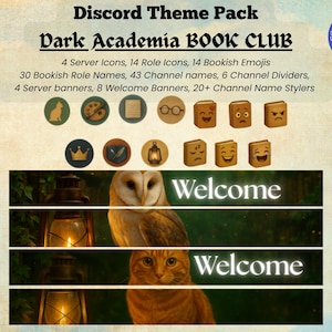 May include: A digital Discord theme pack titled "Dark Academia BOOK CLUB" with server icons, role icons, emojis, role names, channel names, dividers, and banners. The image features an owl and a cat with the word "Welcome".