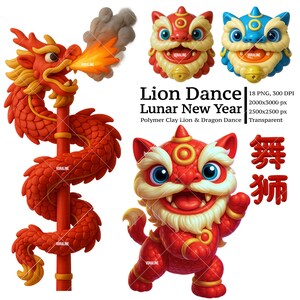 May include: A vibrant illustration featuring a red dragon and lion dance figures, celebrating Lunar New Year. The dragon is red and gold, exhaling fire. The lion dance figures are red and blue with detailed features. The image includes text: "Lion Dance Lunar New Year".