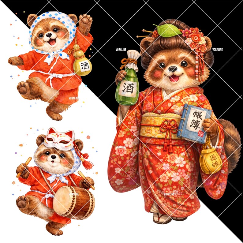 Japanese Tanuki Clipart Bundle | Watercolor Yokai Raccoon Dog PNG ...