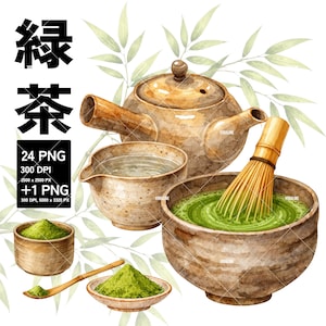 Puede incluir: Ilustración en acuarela de un juego de té matcha. El juego incluye una tetera, un cuenco con té verde batido, un cuenco para servir, un cuenco pequeño de polvo de matcha y un batidor de bambú. La imagen también incluye los caracteres japoneses para "té verde".