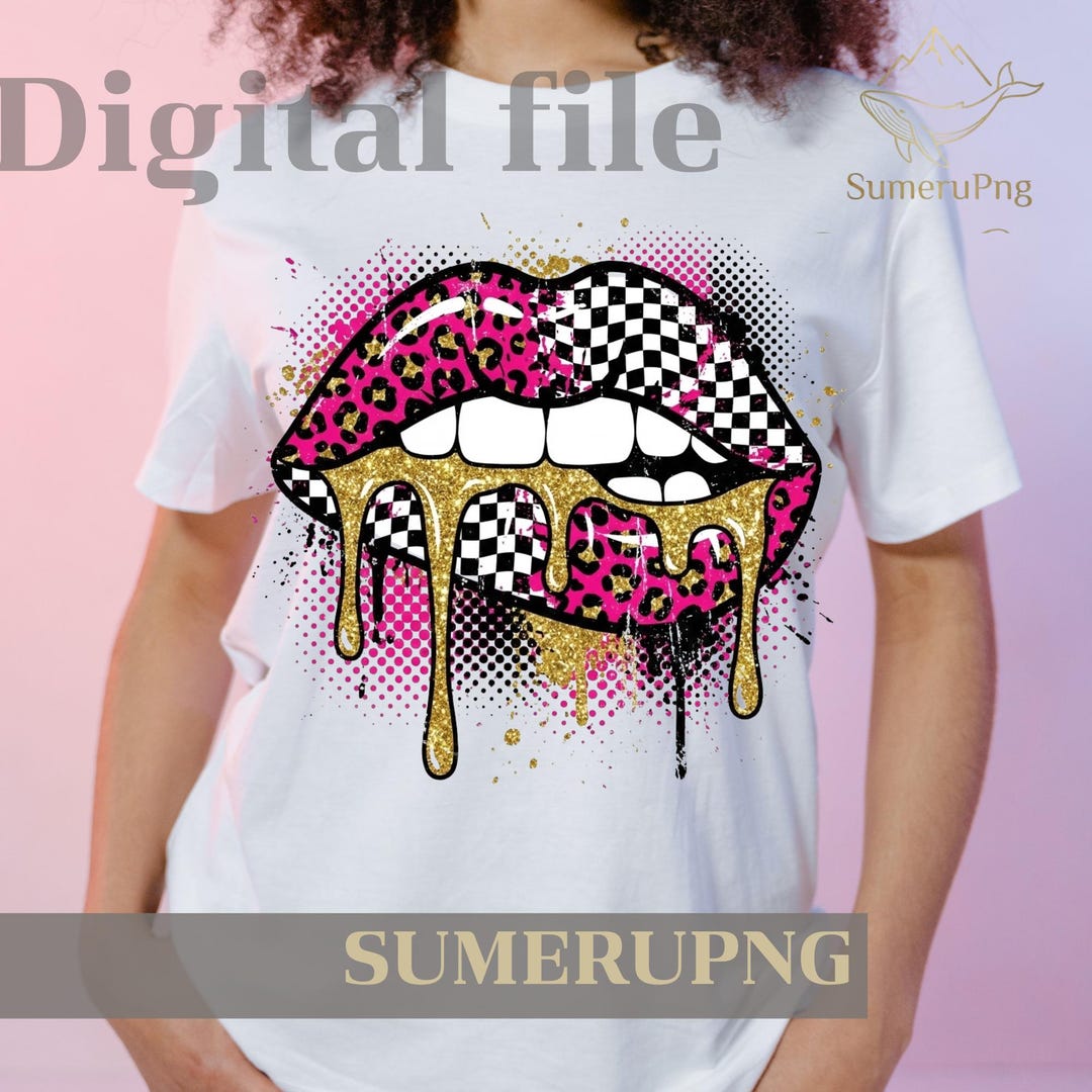 Gold Dripping Lips PNG – Leopard Checkerboard Y2K Design (digital ...