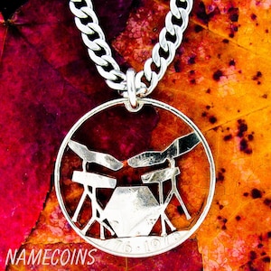 Electric Drum Set Necklace, Drummer Gift, Rockers Jewelry, Gifts for a Guy, Hand Cut Coin
