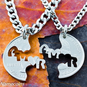 Amor Necklaces for 2, Love Jewelry, Love in Spanish, BFF Necklaces, Each Side Interlocks with the Other, Hand Cut Coin
