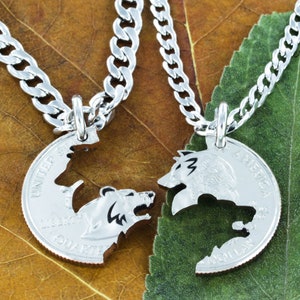 Bear and Wolf Necklace Set, BFF and Couples Necklaces, Interlocking Hand Cut Coin